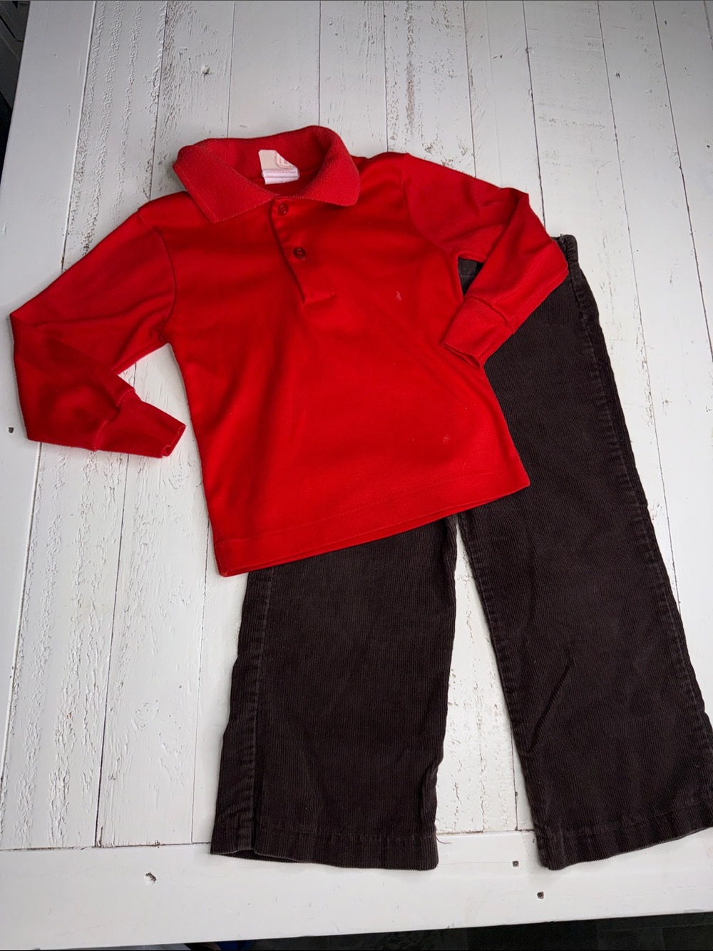 2-3T 70-80s vintage sears Kids Long-Sleeve Red Polo Shirt, brown Corderoy pants